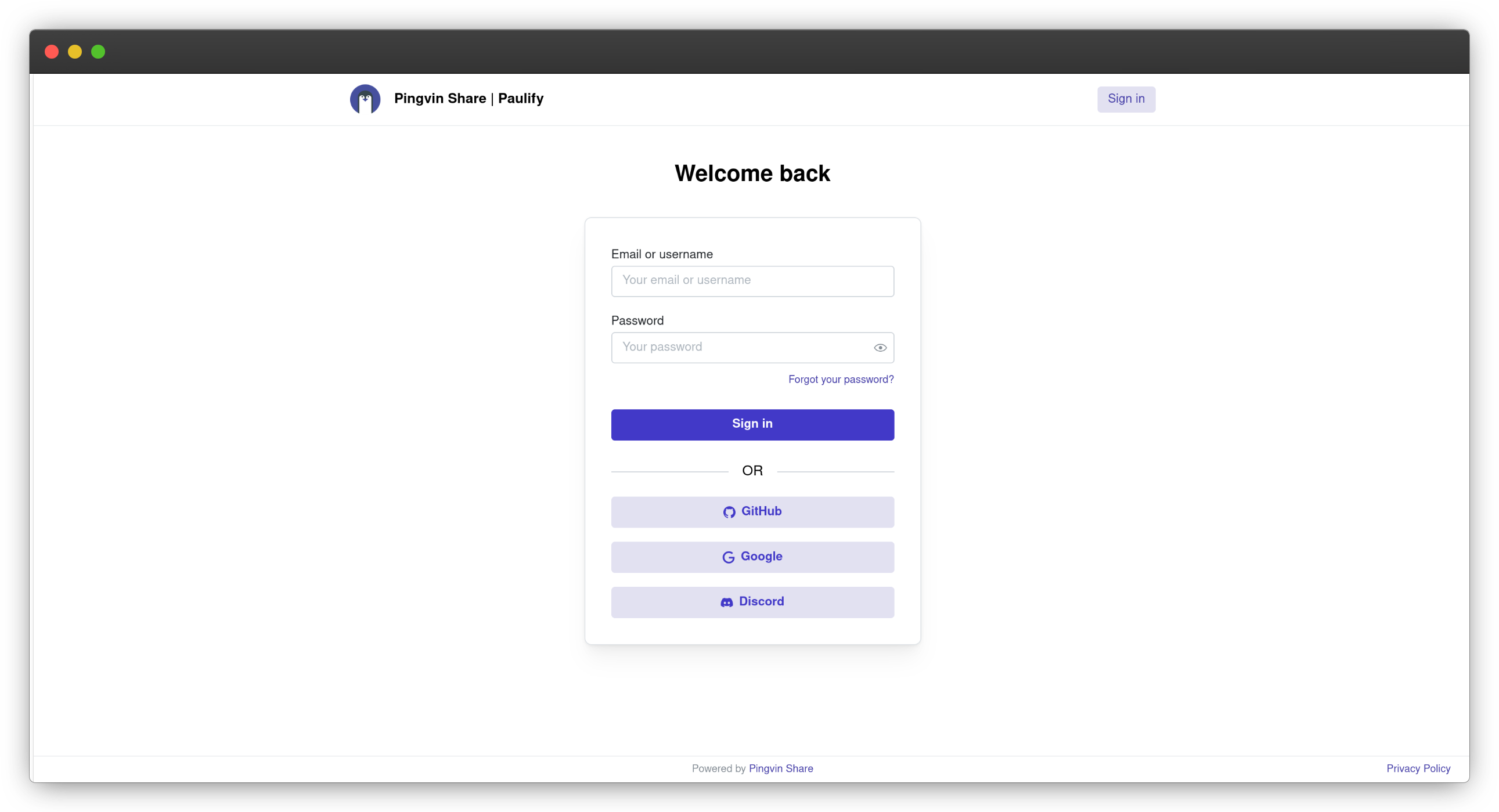 Picture of Pinvin Share login screen.